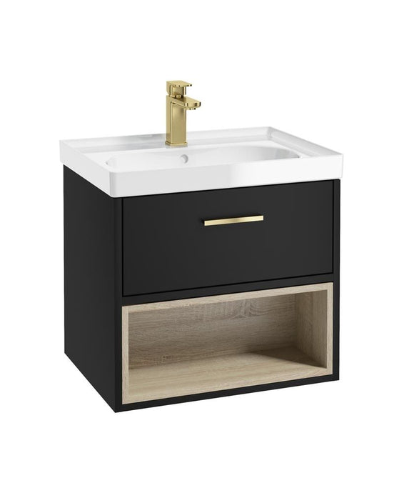 Sonas Malmo Wall Hung 60Cm Single Drawer Vanity Unit | Matt Black | Brushed Gold Handle | Gloss Basin | UF0964