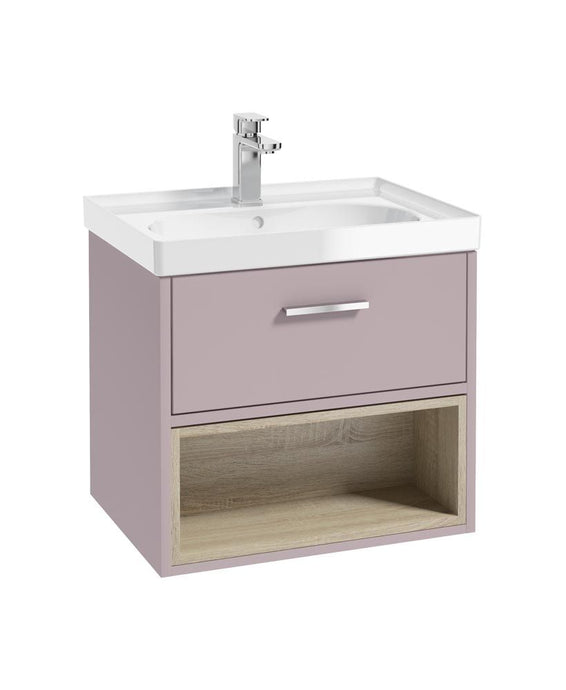 Sonas Malmo Wall Hung 60Cm Single Drawer Vanity Unit | Matt Cashmere Pink | Brushed Chrome Handle | Gloss Basin | UF0965