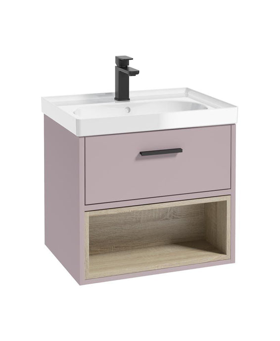 Sonas Malmo Wall Hung 60Cm Single Drawer Vanity Unit | Matt Cashmere Pink | Matt Black Handle | Gloss Basin | UF0966
