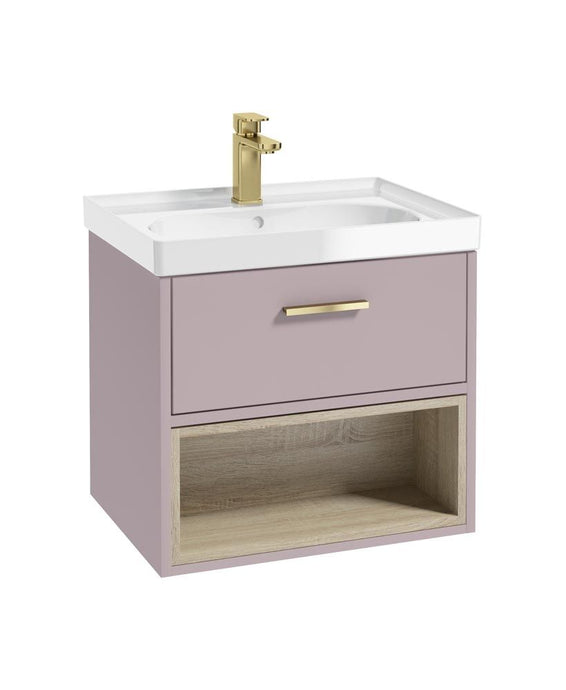 Sonas Malmo Wall Hung 60Cm Single Drawer Vanity Unit | Matt Cashmere Pink | Brushed Gold Handle | Gloss Basin | UF0967
