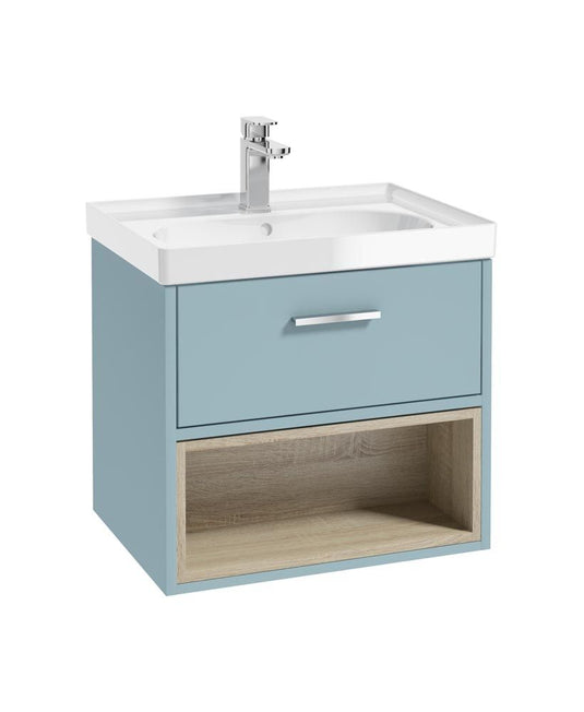 Sonas Malmo Wall Hung 60Cm Single Drawer Vanity Unit | Matt Morning Sky Blue | Brushed Chrome Handle | Gloss Basin | UF0968