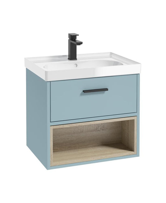 Sonas Malmo Wall Hung 60Cm Single Drawer Vanity Unit | Matt Morning Sky Blue | Matt Black Handle | Gloss Basin | UF0969