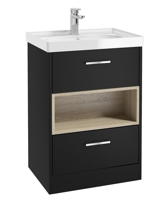 Sonas Malmo Floorstanding 60Cm Two Drawer Vanity Unit | Matt Black | Brushed Chrome Handle |Gloss Basin | UF1004