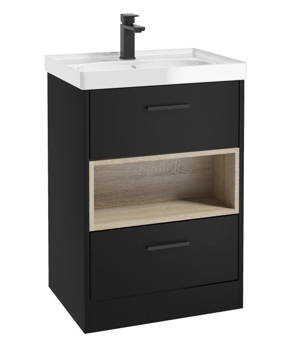 Sonas Malmo Floorstanding 60Cm Two Drawer Vanity Unit | Matt Black | Matt Black Handle | Gloss Basin | UF1005