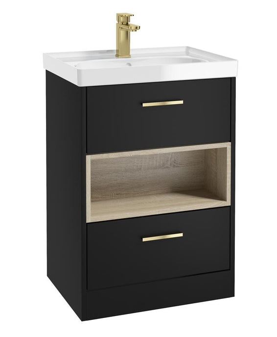 Sonas Malmo Floorstanding 60Cm Two Drawer Vanity Unit | Matt Black | Brushed Gold Handle | Gloss Basin | UF1006