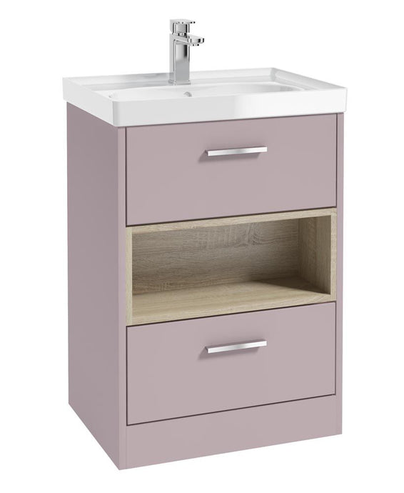 Sonas Malmo Floorstanding 60Cm Two Drawer Vanity Unit | Matt Cashmere Pink | Brushed Chrome Handle | Gloss Basin | UF1007