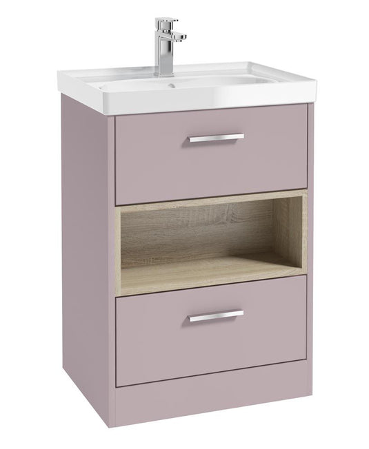 Sonas Malmo Floorstanding 60Cm Two Drawer Vanity Unit | Matt Cashmere Pink | Brushed Chrome Handle | Gloss Basin | UF1007