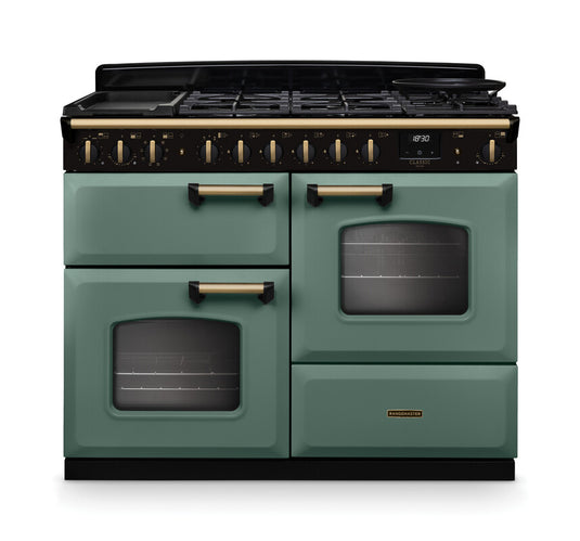 Rangemaster Classic Deluxe Oc 110 Dual Fuel Mineral Green with Antique Brass Trim | CLDLO110DFPMGR/AB1
