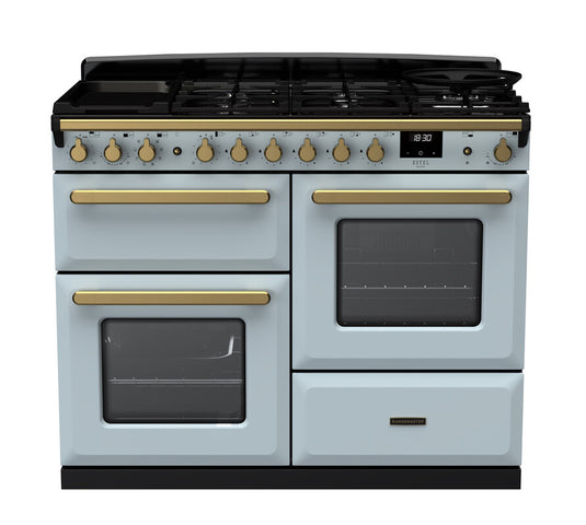 Rangemaster Estel Deluxe 110 Standard Format | Dual Fuel | Misty Blue | Antique Brass Trim | ESDLO110DFPMSB/AB1