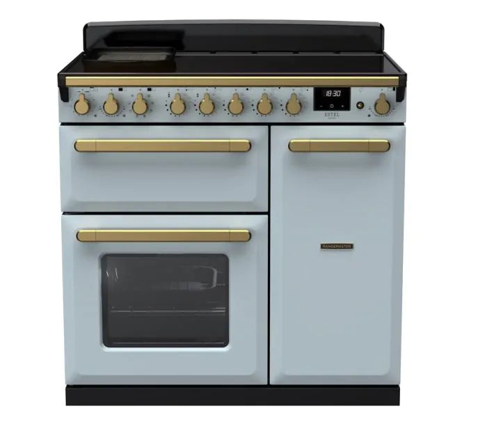 Load image into Gallery viewer, Rangemaster Estel Deluxe 90 | Induction | Misty Blue  | Antique Brass Trim | ESDL90EIPMSB/AB1
