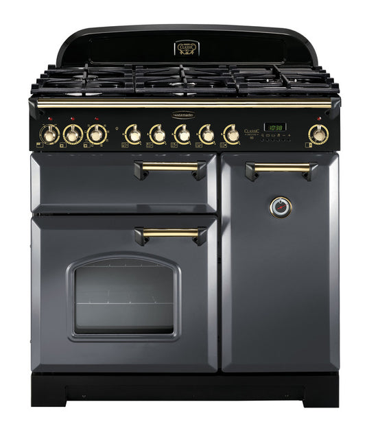 Rangemaster Classic Deluxe 90 Dual Fuel Slate with Antique Brass Trim | CLDL90DFPSLT/AB1