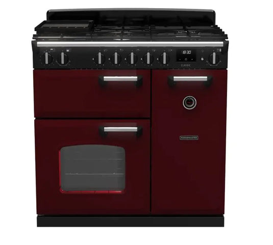 Rangemaster Classic 90 Dual Fuel Bordeaux with Chrome Trim | CL90DFPBOR/CM1