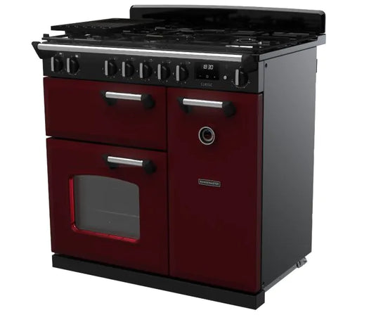 Rangemaster Classic 90 Dual Fuel Bordeaux with Chrome Trim | CL90DFPBOR/CM1