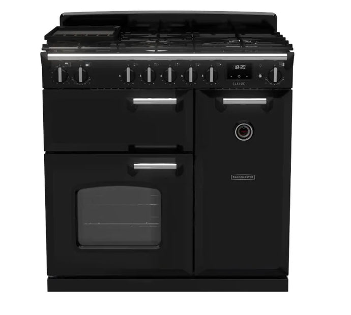 Rangemaster Classic 90cm | Dual Fuel | Gloss Black & Chrome | 14150 | CL90DFPGBL/CM1
