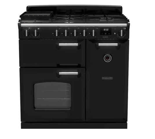 Rangemaster Classic 90cm | Dual Fuel | Gloss Black & Chrome | 14150 | CL90DFPGBL/CM1