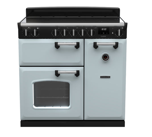 Rangemaster Classic 90cm Induction Range Cooker | Misty Blue with Chrome Trim | CL90EIPMSB/CM1
