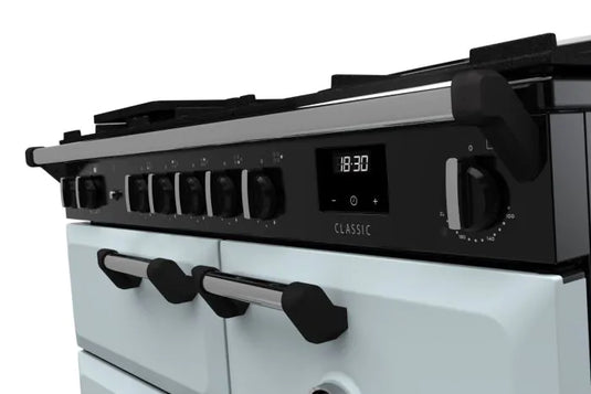 Rangemaster Classic 100 Dual Fuel Misty Blue with Chrome Trim | CL100DFPMSB/CM1