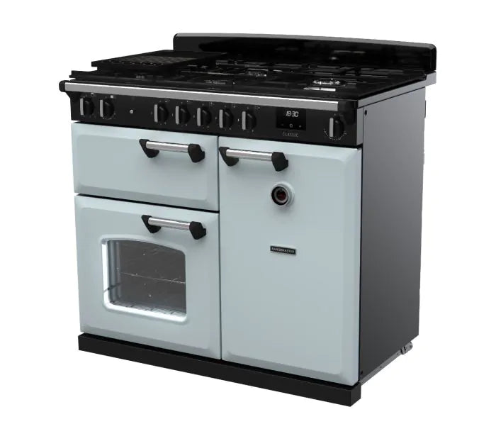 Załaduj obraz do przeglądarki galerii, Rangemaster Classic 100 Dual Fuel Misty Blue with Chrome Trim | CL100DFPMSB/CM1
