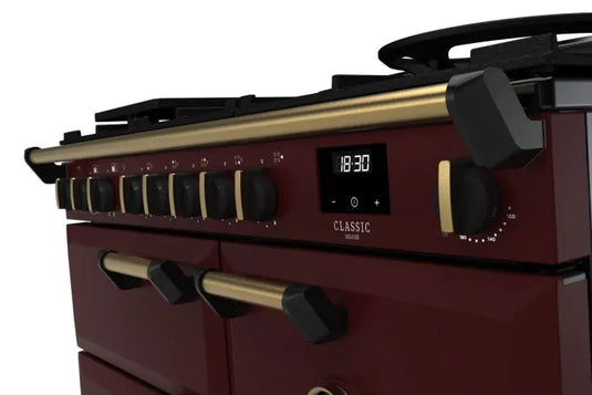 Rangemaster Classic Deluxe 100 Dual Fuel Bordeaux with Antique Brass Trim | CLDL100DFPBOR/AB1