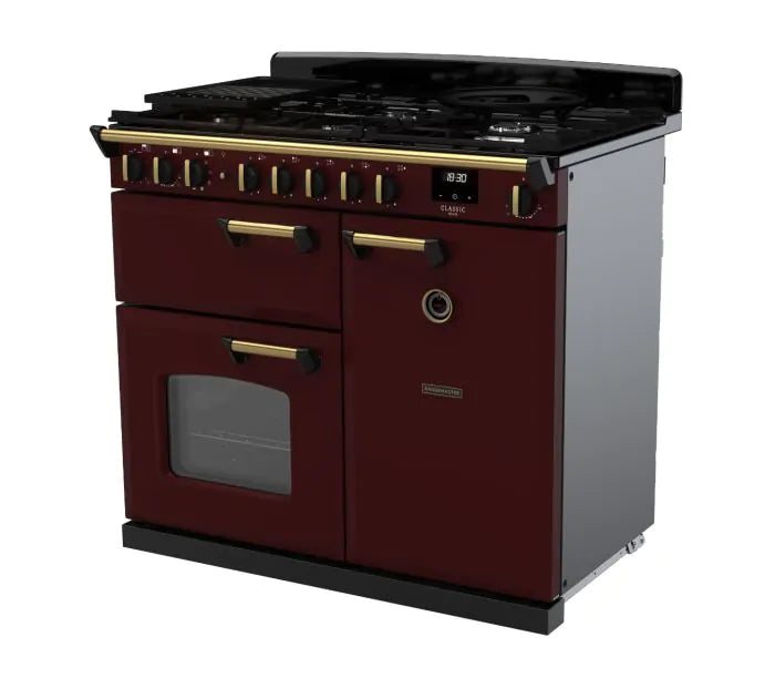 Załaduj obraz do przeglądarki galerii, Rangemaster Classic Deluxe 100 Dual Fuel Bordeaux with Antique Brass Trim | CLDL100DFPBOR/AB1
