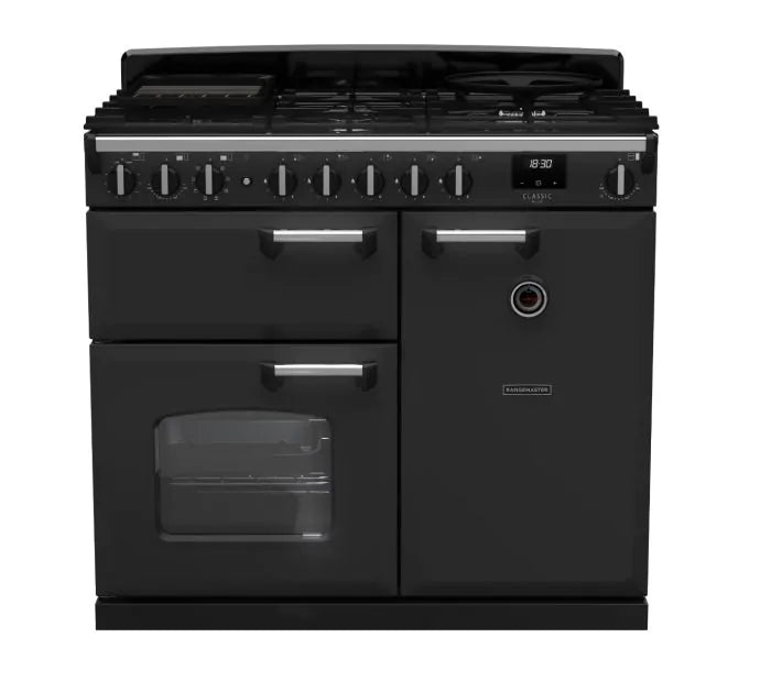 Load image into Gallery viewer, Rangemaster Classic Deluxe 100 Dual Fuel Charcoal Black with Chrome Trim | CLDL100DFPCBL/CM1
