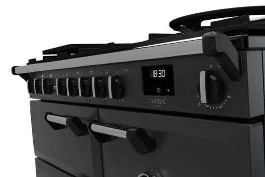 Rangemaster Classic Deluxe 100 Dual Fuel Charcoal Black with Chrome Trim | CLDL100DFPCBL/CM1