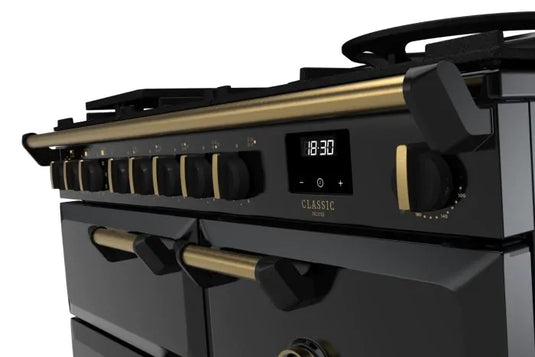 Rangemaster Classic Deluxe 100 Dual Fuel Black with Antique Brass Trim | CLDL100DFPGBL/AB1