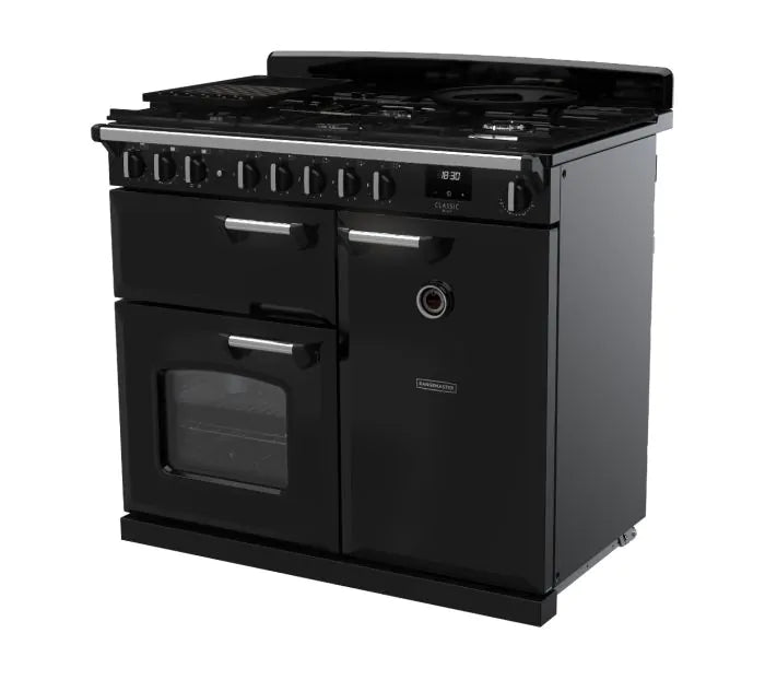 Load image into Gallery viewer, Rangemaster Classic Deluxe 100 Dual Fuel Black with Chrome Trim | CLDL100DFPGBL/CM1
