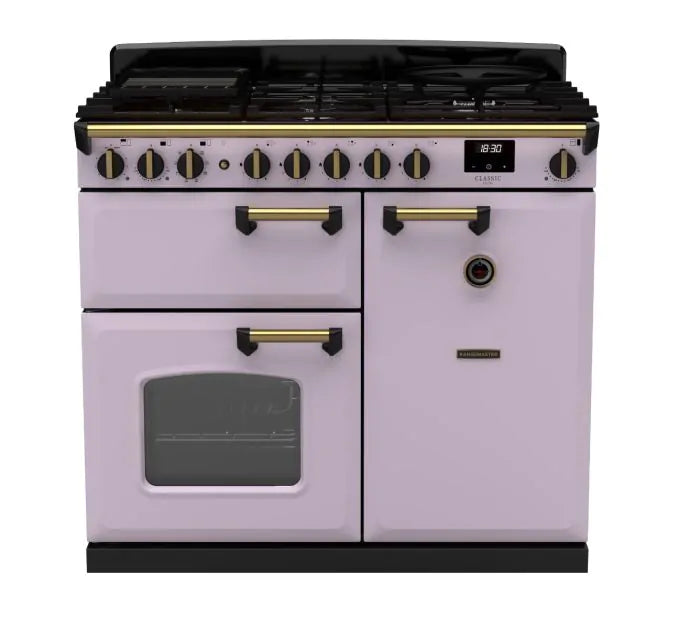 Załaduj obraz do przeglądarki galerii, Rangemaster Classic Deluxe 100 Dual Fuel Heather with Antique Brass Trim | CLDL100DFPHTH/AB1
