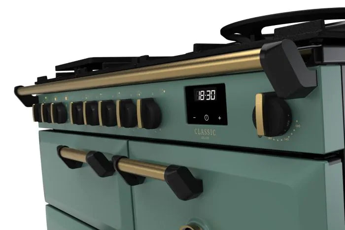 Załaduj obraz do przeglądarki galerii, Rangemaster Classic Deluxe 100 Dual Fuel Mineral Green with Antique Brass Trim | CLDL100DFPMGR/AB1
