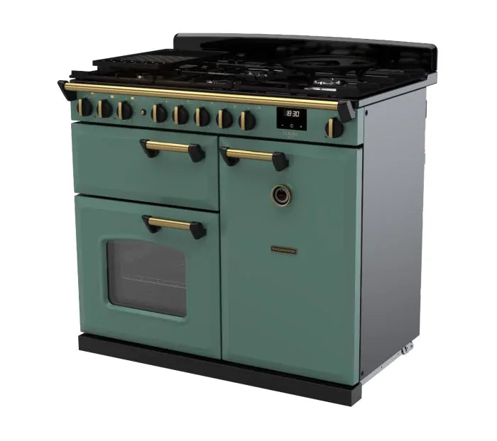Załaduj obraz do przeglądarki galerii, Rangemaster Classic Deluxe 100 Dual Fuel Mineral Green with Antique Brass Trim | CLDL100DFPMGR/AB1
