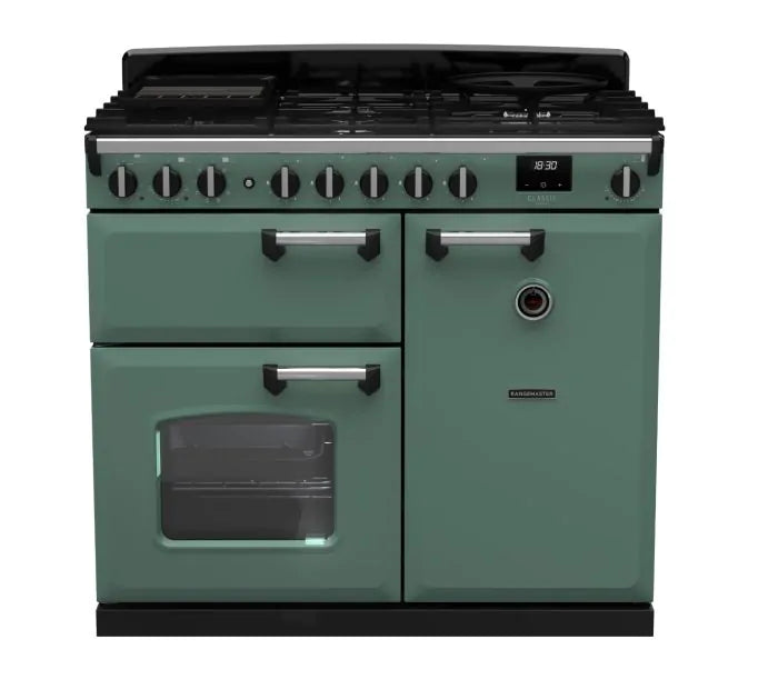 Rangemaster Classic Deluxe 100 Dual Fuel Mineral Green with Chrome Tri ...
