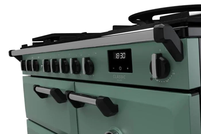 Załaduj obraz do przeglądarki galerii, Rangemaster Classic Deluxe 100 Dual Fuel Mineral Green with Chrome Trim | CLDL100DFPMGR/CM1
