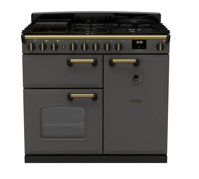 Załaduj obraz do przeglądarki galerii, Rangemaster Classic Deluxe 100 Dual Fuel Slate with Antique Brass Trim | CLDL100DFPSLT/AB1
