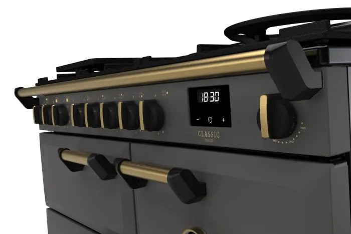 Załaduj obraz do przeglądarki galerii, Rangemaster Classic Deluxe 100 Dual Fuel Slate with Antique Brass Trim | CLDL100DFPSLT/AB1
