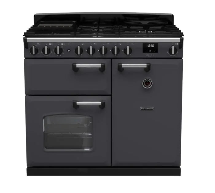 Załaduj obraz do przeglądarki galerii, Rangemaster Classic Deluxe 100 Dual Fuel Slate with Chrome Trim | CLDL100DFPSLT/CM1
