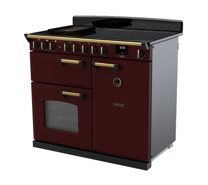 Load image into Gallery viewer, Rangemaster Classic Deluxe 100 Induction Bordeaux with Antique Brass Trim | CLDL100EIPBOR/AB1
