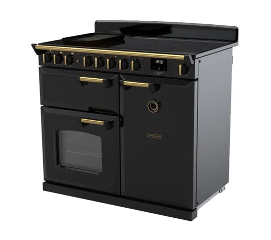 Rangemaster Classic Deluxe 100 Induction Black with Antique Brass Trim | CLDL100EIPGBL/AB1
