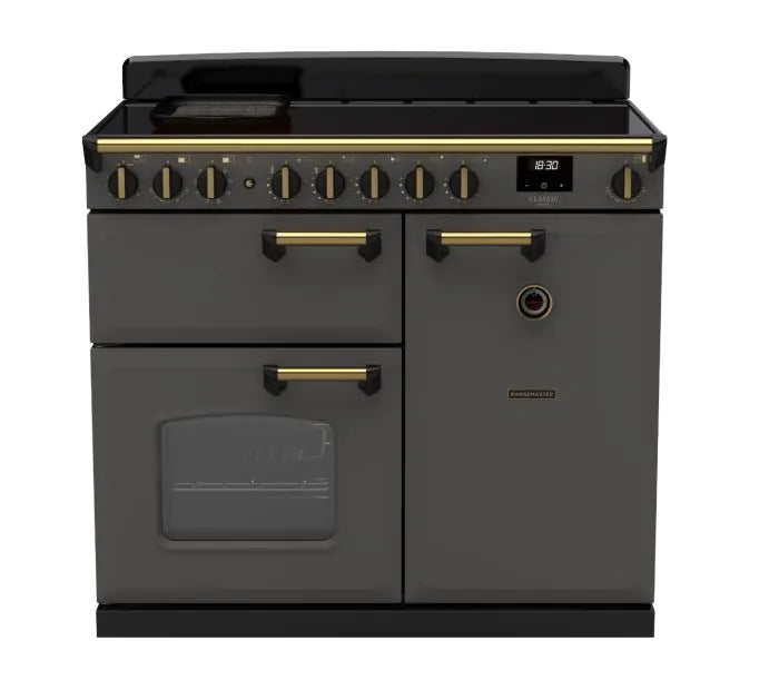 Load image into Gallery viewer, Rangemaster Classic Deluxe 100 Induction Slate with Antique Brass Trim | CLDL100EIPSLT/AB1
