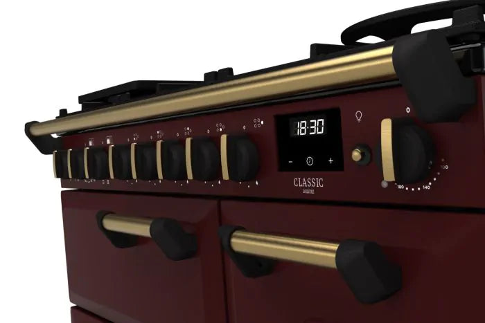 Завантажте зображення в засіб перегляду галереї, Rangemaster Classic Deluxe 90 Dual Fuel Bordeaux with Antique Brass Trim | CLDL90DFPBOR/AB1
