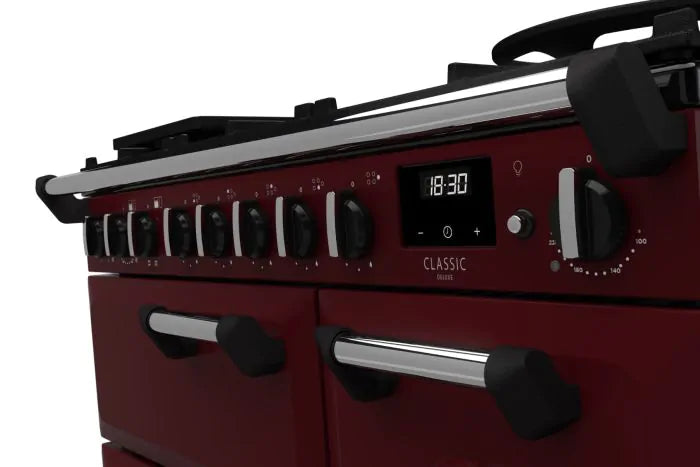 Завантажте зображення в засіб перегляду галереї, Rangemaster Classic Deluxe 90 Dual Fuel Range Cooker Bordeaux with Chrome Trim | CLDL90DFPBOR/CM1
