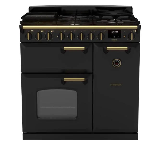 Завантажте зображення в засіб перегляду галереї, Rangemaster Classic Deluxe 90 Dual Fuel Charcoal Black with Antique Brass Trim | CLDL90DFPCBL/AB1
