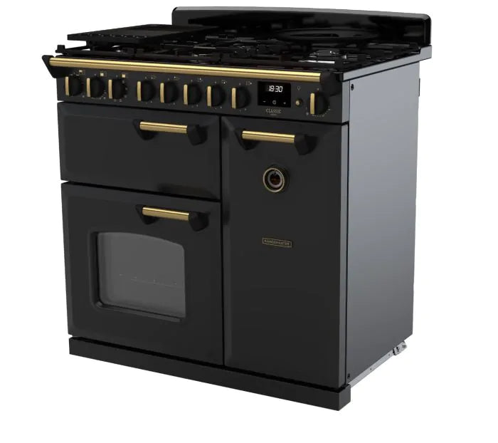 Завантажте зображення в засіб перегляду галереї, Rangemaster Classic Deluxe 90 Dual Fuel Charcoal Black with Antique Brass Trim | CLDL90DFPCBL/AB1
