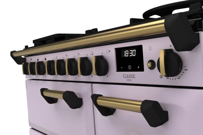 Завантажте зображення в засіб перегляду галереї, Rangemaster Classic Deluxe 90 Dual Fuel Heather with Antique Brass Trim | CLDL90DFPHTH/AB1
