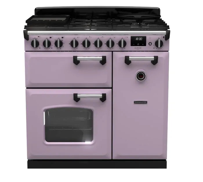 Load image into Gallery viewer, Rangemaster Classic Deluxe 90 Dual Fuel Heather with Chrome Trim | CLDL90DFPHTH/CM1
