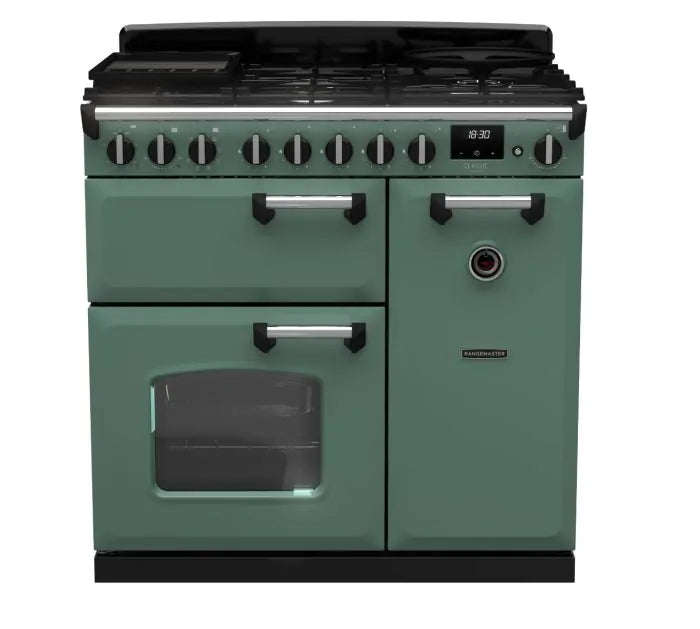 Завантажте зображення в засіб перегляду галереї, Rangemaster Classic Deluxe 90 Dual Fuel Mineral Green with Chrome Trim | CLDL90DFPMGR/CM1
