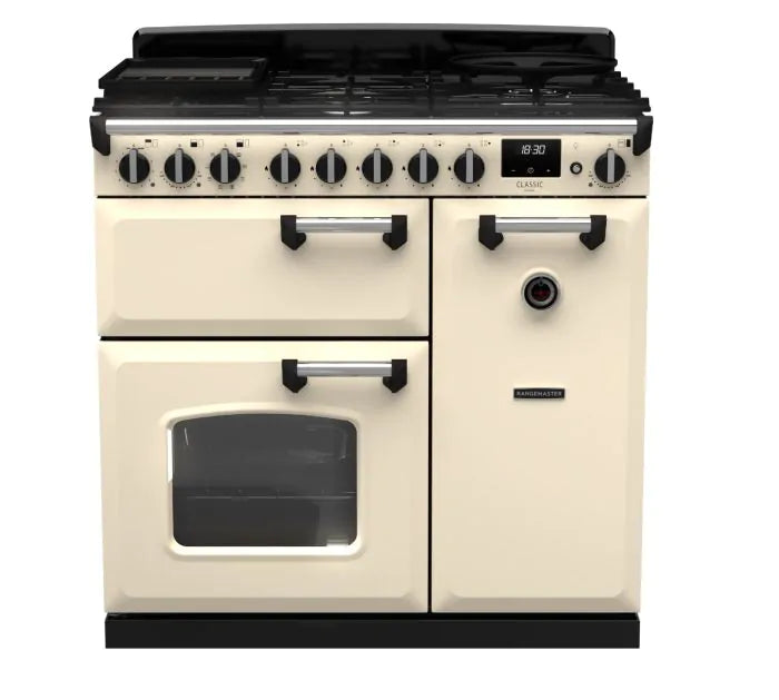 Rangemaster Classic Deluxe 90 Dual Fuel Pale Cream with Chrome Trim ...