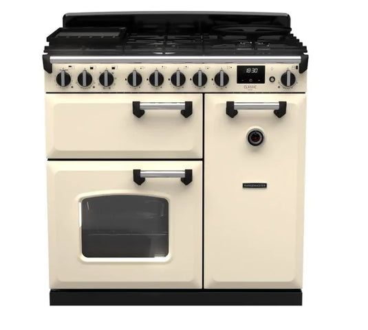 Rangemaster Classic Deluxe 90 Dual Fuel Pale Cream with Chrome Trim | CLDL90DFPPCR/CM1
