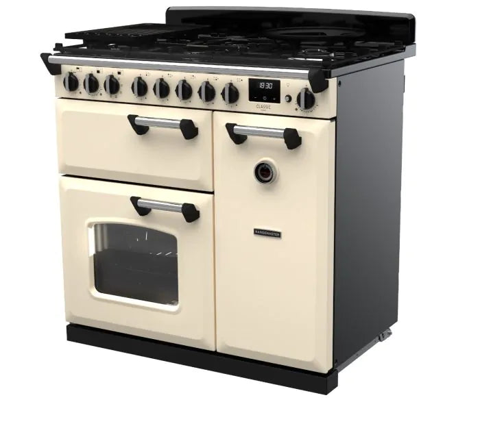 Завантажте зображення в засіб перегляду галереї, Rangemaster Classic Deluxe 90 Dual Fuel Pale Cream with Chrome Trim | CLDL90DFPPCR/CM1
