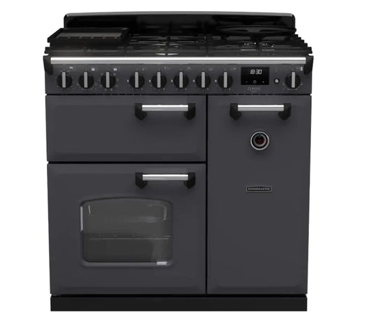 Rangemaster Classic Deluxe 90 Dual Fuel Slate with Chrome Trim | CLDL90DFPSLT/CM1